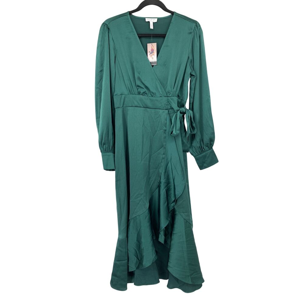 Sofia Jeans Dress Womens Small Green Long Sleeve Ruffle Midi Tie Waist NWT